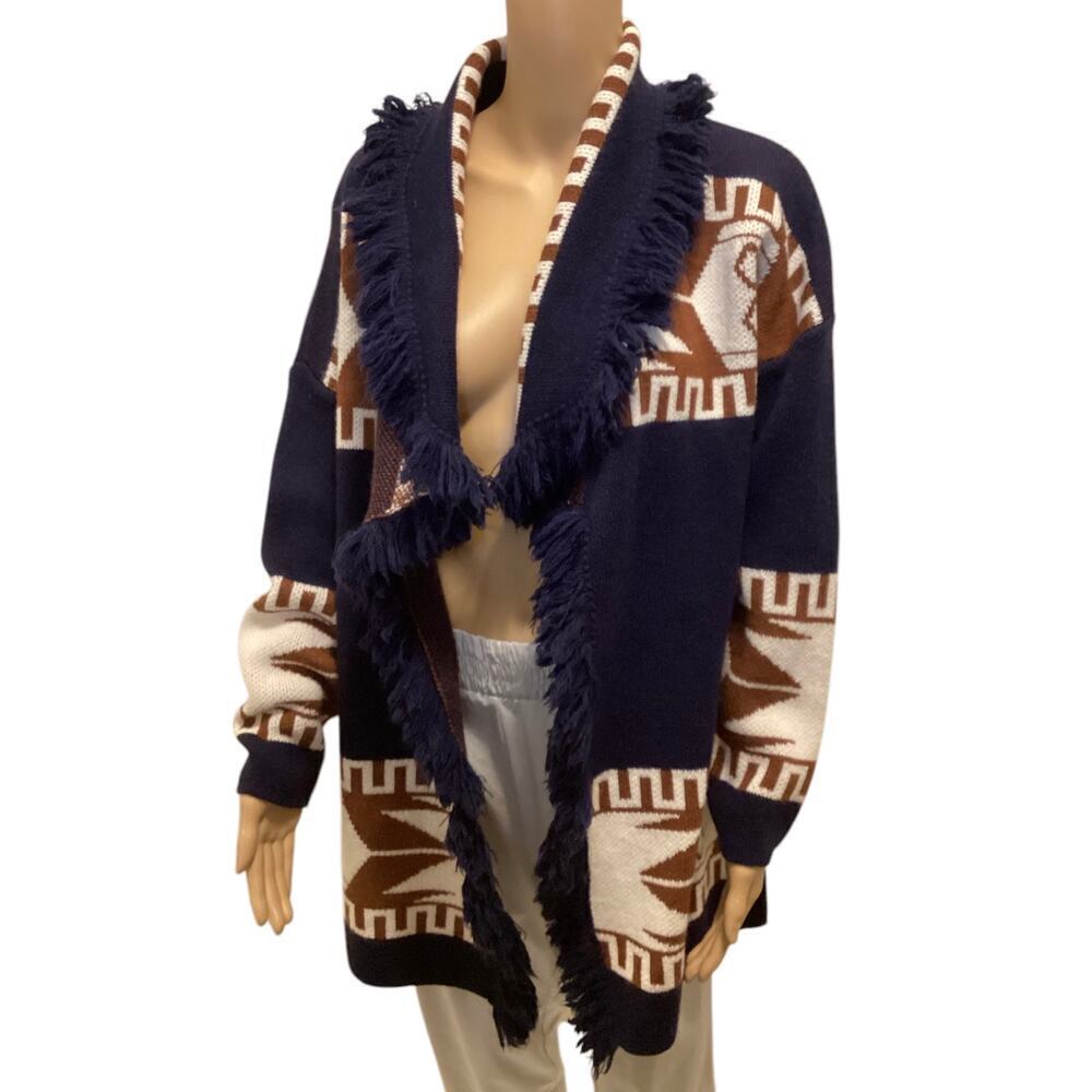 Cocogio tribal aztec print fringed wool blend cardigan sweater Italy sz small